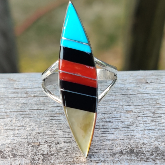 Antique Sterling Zuni signed turquoise coral onyx and mother of pearl ri… - Picture 10 of 10